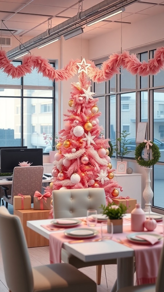 A pink-themed Christmas office decor with a tree, garlands, and festive table settings.